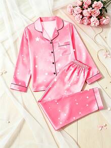 2pcs Tween Girl Starry Sky Print Trim Long Sleeve Top And Pants Pajama Set, Pink - Multicolor - View 8