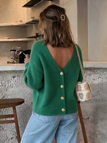SEREN Women's Vintage Back V-Neck Single-Breasted Knit Cardigan, Autumn/Winter New Loose Slouchy Sweater Jacket, Daily Wear - Green - View 1