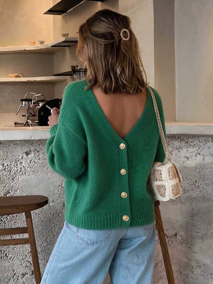 SEREN Women's Vintage Back V-Neck Single-Breasted Knit Cardigan, Autumn/Winter New Loose Slouchy Sweater Jacket, Daily Wear - Green - View 1