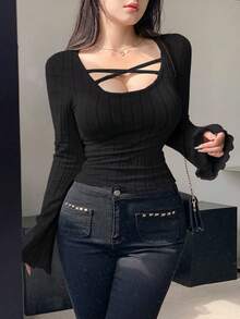 Kaos Wanita Polos Kasual Serbaguna untuk Pemakaian Sehari-hari dengan Lengan Lonceng - Hitam - View 4