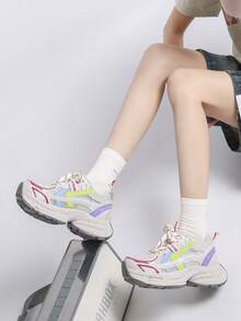 Women Chunky Sneakers, Lace Up Low Top Shoes, Thick Sole Trainers - Hot Pink - View 7