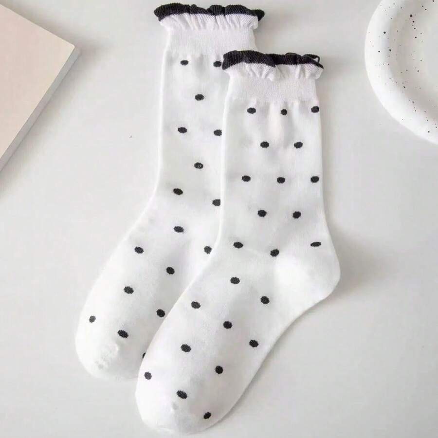 1/3/6 Pairs Women's Polka Dot Pattern Bubble Cuff JK Style Comfortable Breathable Mid-Calf Socks - Black and White - View 1