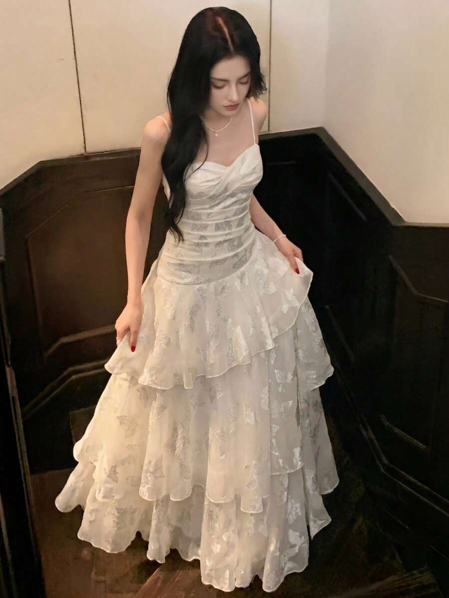 Women Elegant Festival Evening Party Ruffle Dress France Chic Wedding Modest Spaghetti Strap Prom Vintage Birthday Fall - Apricot - View 1