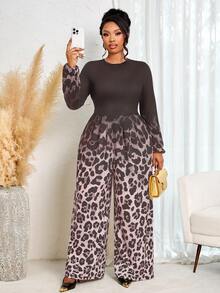 BIUBIU Women's Plus Size Leopard Print Long Jumpsuit With Long Sleeves, Round Neck, Ruched Detailing, And Pockets, Made From Medium Stretch Knitted Fabric - Coffee Brown - View 5