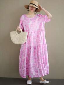 AZAH Plus Size Pink Floral Print Short Sleeve Round Neck Long A-Line Dress, Bohemian Style Casual Beach Dress Perfect For Summer Daily Wear - Pink - View 1