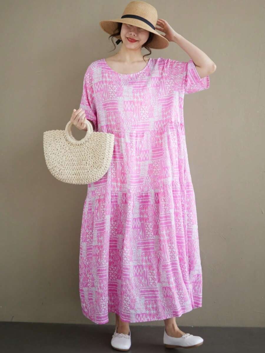 AZAH Plus Size Pink Floral Print Short Sleeve Round Neck Long A-Line Dress, Bohemian Style Casual Beach Dress Perfect For Summer Daily Wear - Pink - View 1