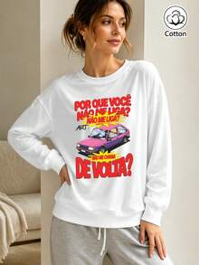 Women's Retro Street Style Loose Fit Cotton Crew Neck Sweatshirt With Cartoon Car Print And Portuguese Text, Breathable Casual - White - View 3