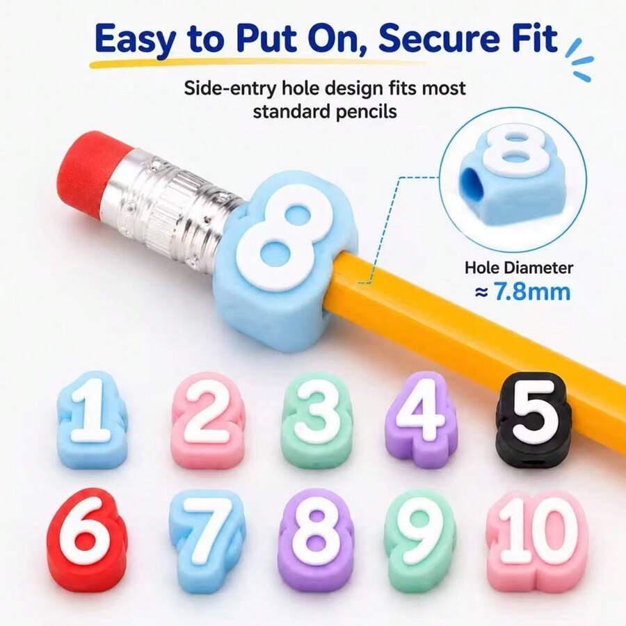 30/10pcs Number Pencil Toppers For Kids, Silicone Digit Pencil Caps, Colorful Pencil Tip Protector Covers For Standard Pencils, Preschool Learning Educational Stationery Supplies - Sky Blue - View 1