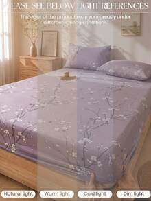 3pcs Set Sprei Fitted Motif Bunga Plum Ungu (Isi Bantal Tidak Termasuk), Set Sprei Fitted Kamar Tidur, Bahan Mikrofiber Halus, Bernapas dan Nyaman, Termasuk 1 Sprei Fitted dan 2 Sarung Bantal (Isi Bantal Tidak Termasuk), Cocok untuk Penggunaan di Asrama Sekolah. - Purple - View 4