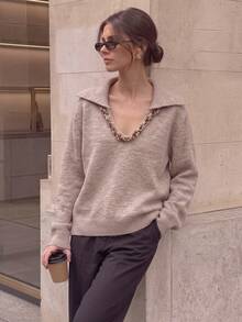 JIANHU Autumn/Winter Casual Sweater, Decorated With Crochet Lace Trim And Ribbed Cuffs - Khaki - View 4
