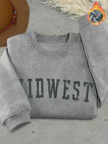 Es Trus Plus Autumn/Winter Women's "MIDWEST" Letter Pattern Printed Street Comfortable Commuting Y2k Clothing Grey Large Round Neck Sweatshirt - Grey - View 1