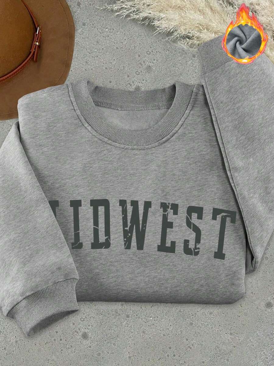 Es Trus Plus Autumn/Winter Women's "MIDWEST" Letter Pattern Printed Street Comfortable Commuting Y2k Clothing Grey Large Round Neck Sweatshirt - Grey - View 1