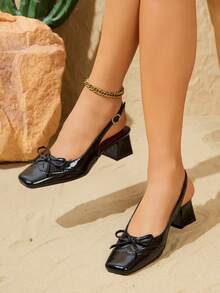 Premium Glossy Chunky Heel Slip-On Backless Outdoor Elegant Women's High Heel Sandals - Black - View 2