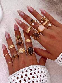 17pcs Vintage Maillard Style Alloy Tiger Eye Stone Faux Pearl Hammered Twisted Open Ring Set, Suitable For Women's Daily Commute, Date, Party, Autumn/Winter Wear - Gold - View 2