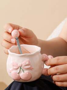 1pc Vintage Cherry Ceramic Mug, Embossed Tea Cup Halloween Mug With 3D Embossed Bow Design And Ribbon - Heat Insulated, Suitable For Office And Home Use, Perfect Gift Choice For Couples - Multicolor - View 1