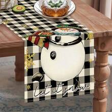 1pc Christmas Table Runner, Buffalo Plaid Snowman Gift Box Let It Snow Snowflake Print Tablecloth, Winter Holiday Dining Table Home Decor, Accessories Not Included - Black and White - View 3