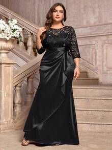 Plus Size Sequin Floral Lace Patchwork Ruffle Satin Long Evening Dress, Suitable For Wedding Guest, Formal Party, Gala, Celebration Elegant - Black - View 1