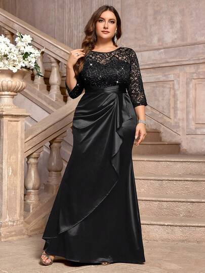 Plus Size Sequin Floral Lace Patchwork Ruffle Satin Long Evening Dress, Suitable For Wedding Guest, Formal Party, Gala, Celebration Elegant