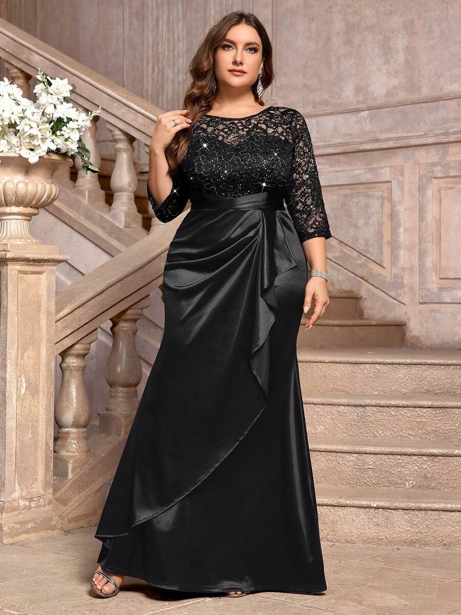 Plus Size Sequin Floral Lace Patchwork Ruffle Satin Long Evening Dress, Suitable For Wedding Guest, Formal Party, Gala, Celebration Elegant - Black - View 1