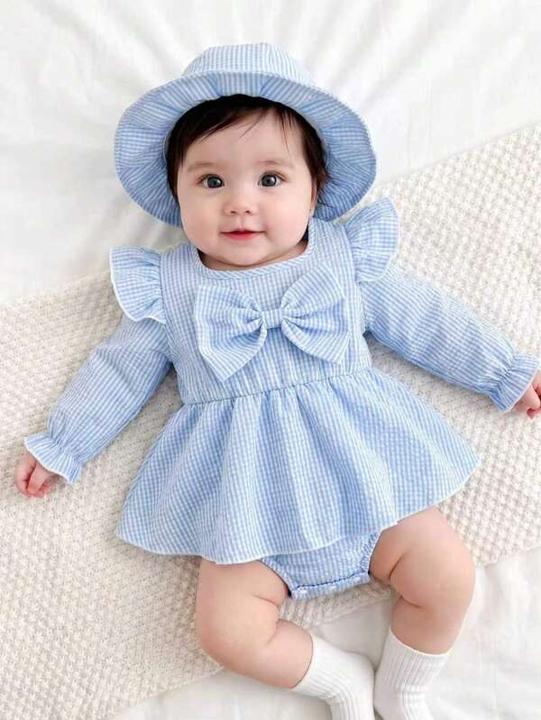 Autumn/Winter Baby Girl Striped Bodysuit With Large Bow Flutter Sleeves, Versatile Outing Outfit For Infants And Toddlers, Comes With Sun Hat, Newborn Spring/Autumn Holiday Gift