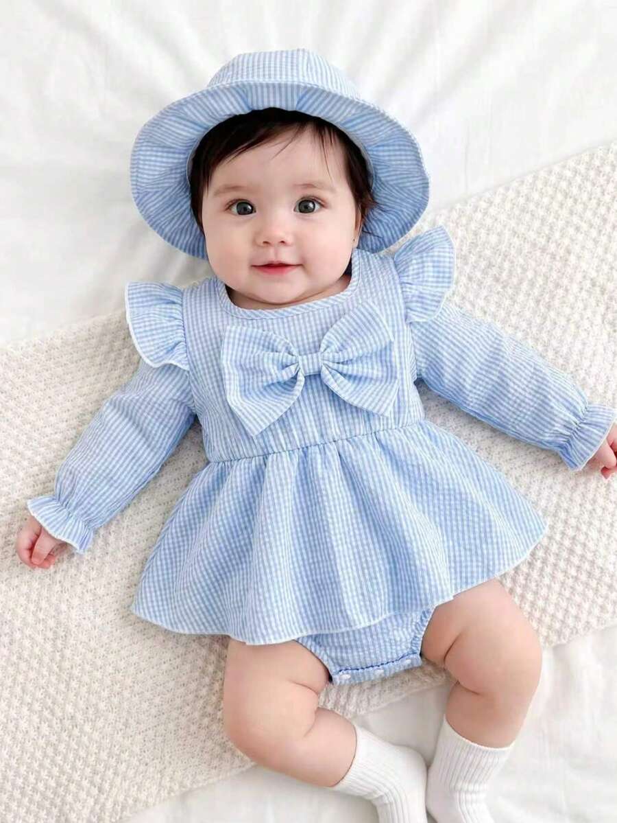 秋冬女嬰條紋連身衣,大蝴蝶結荷葉袖,嬰幼兒百搭外出套裝,附防曬帽,新生兒春夏節日禮物 - 淺藍色 - 查看 1