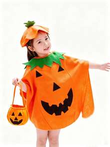 Halloween Pumpkin Cape Kids Cute Pumpkin Cape Trick Or Treat Bag Set - Multicolor - View 6