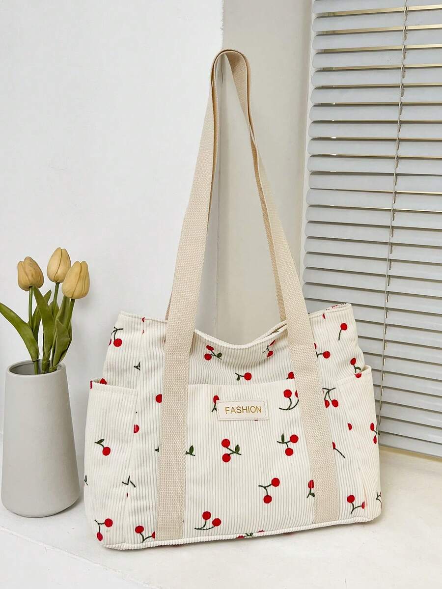 2026 European & American Vintage Striped Large Capacity Shoulder Bag New Girl's Fashion Multi-Pocket Tote Handbag - White - View 1