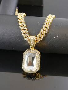 Rectangular Large Gemstone Pendant Full Diamond Cuban Necklace, Octagonal Main Stone Rhinestone Pendant, Hip Hop Ice Diamond Accessory, Unisex Rap Street Party Jewelry - Gemstone Pendant Necklace - View 6