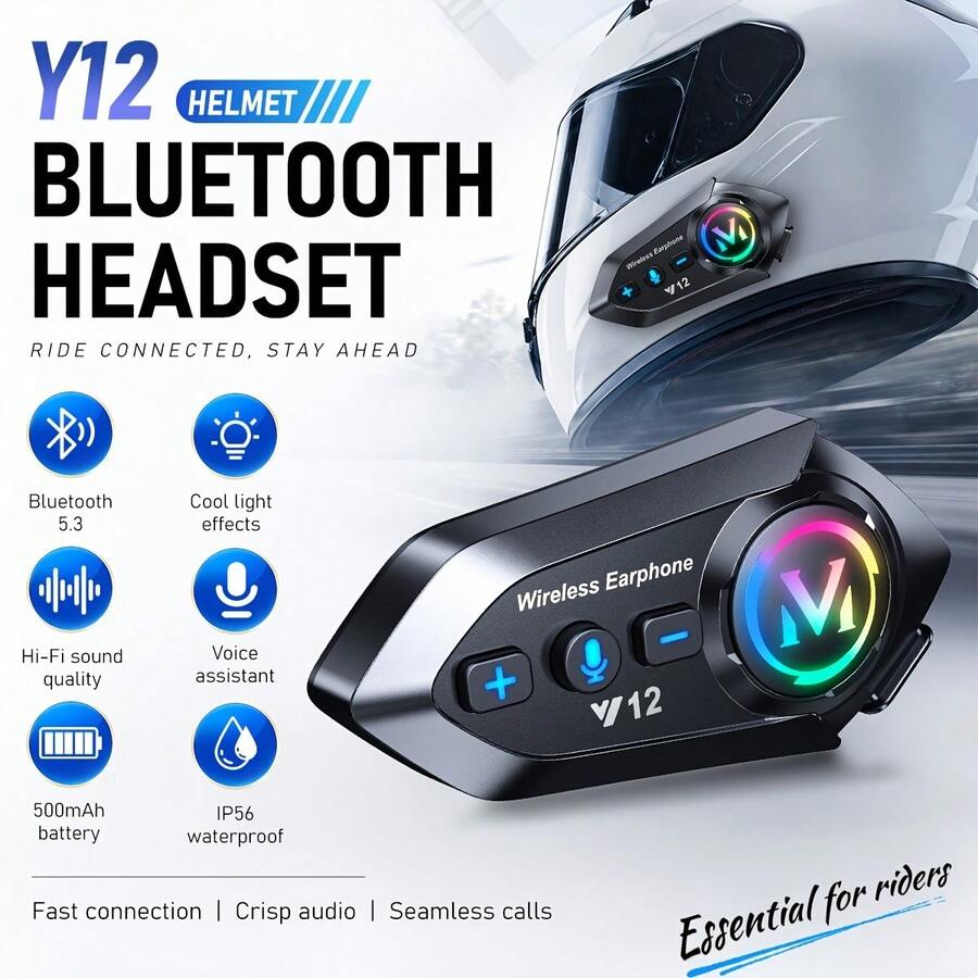 Y12 Motorcycle Helmet Wireless Headset, HiFi Sound, Noise Cancellation, Helmet Speakers, Microphone, Auto-Answer, BT5.3, Compatible With Half And Full Helmets, Supports Dual Phone Connection, Ideal For Outdoor Riding, Top Choice For Riding Enthusiasts