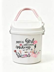 Portable Printed Makeup Storage Bucket With Lid, Large Capacity Cross‑Body Cosmetic Organizer, Dust‑Proof For Lipstick Brushes Eyeshadow Palette, Desktop Bathroom Dorm Vanity Storage For Girls Makeup Lovers, Back‑To‑School Gift - Multicolor - View 12
