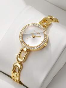 Women's Bracelet Watch, Round Dial With Rhinestones, Simple Scale, Elegant Quartz Watch, Gift For Girlfriend (1pc/Set), Watch Box Not Included - Gold - View 10