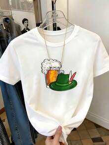 Lightweight Pure Cotton Short Sleeve Tee, Oktoberfest Classic Beer Mug Tyrolean Hat Print Crew Neck Top, Backyard Beer Party - White - View 1