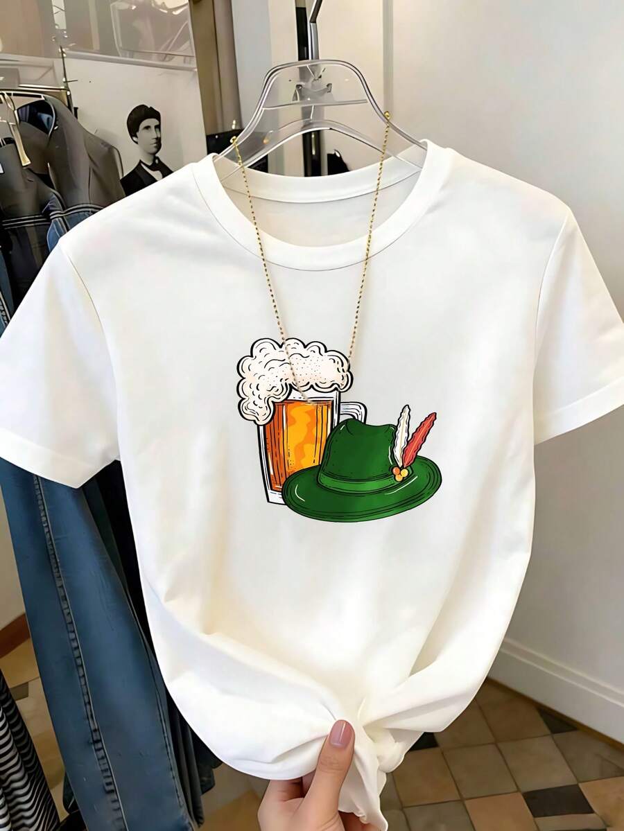 Lightweight Pure Cotton Short Sleeve Tee, Oktoberfest Classic Beer Mug Tyrolean Hat Print Crew Neck Top, Backyard Beer Party - White - View 1