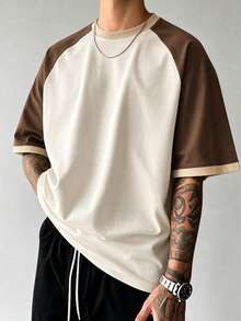Men's Vintage Colorblock T-Shirt, Breathable Knit Fabric, Regular Crew Neck Design, Suitable For Daily Wear - Brown - View 2