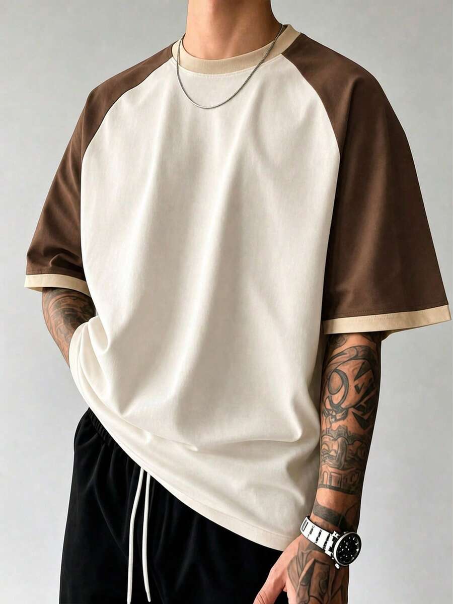 Men's Vintage Colorblock T-Shirt, Breathable Knit Fabric, Regular Crew Neck Design, Suitable For Daily Wear