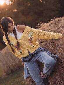 Bohemian Floral Embroidered Hollow Knit Cardigan, Casual Autumn, Lightweight Knit, Pumpkin Patch Outfit - Yellow - View 5