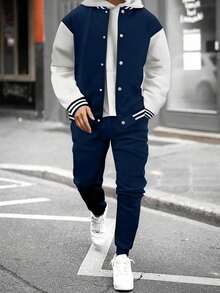 2pcs/Set Teen Boys Casual Outdoor Contrast Color Jacket And Sports Pants Set - Navy Blue - View 3