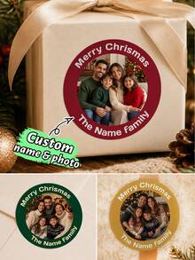 35-350pcs Custom Christmas Family Photo Stickers, Personalized Round Gift Labels, Festive Red Green Holiday Style, Customized Name Family Picture Stickers, Customizable Christmas Gift Seals, Gift Wrapping Decor,Holiday Party Favors,Christmas Stickers - Multicolor - View 1