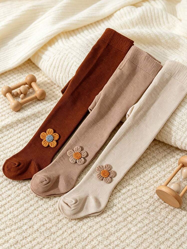 3 Pairs Korean Style Baby Girl 3D Floral Pattern Tights, Newborn Skin-Friendly Elastic Anti-Slip Pantyhose, All-Season Versatile - Multicolor - View 4