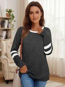 Women Plain Color Block Round Neck Long Sleeve Simple Casual Top - Dark Grey - View 2