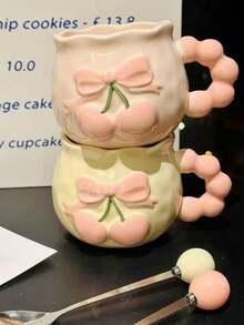 1pc Vintage Cherry Ceramic Mug, Embossed Tea Cup Halloween Mug With 3D Embossed Bow Design And Ribbon - Heat Insulated, Suitable For Office And Home Use, Perfect Gift Choice For Couples - Multicolor - View 4