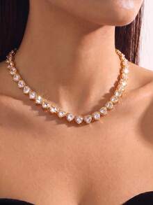 1件 40cm 金色心形水晶光環網球項鍊，閃亮甜美項鍊，適合女孩與女性，舒適，舞會情人節珠寶 - 金色 - 查看 2