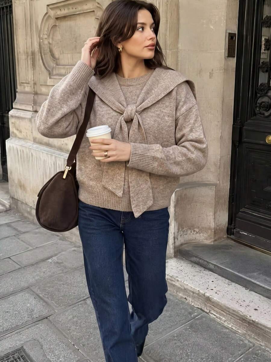 JIANHU 女款寬鬆針織開襟衫附可拆卸圍巾，休閒保暖，適合聖誕假期與辦公室穿著 - 杏色 - 查看 1