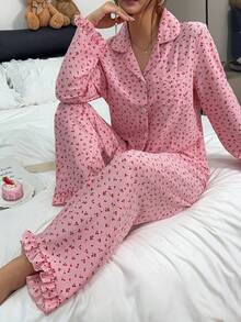 Dreamivo Women's Ruffle Trim Playful Elegant Loungewear Set, Cherry Print Long Sleeve Pants Contrast Color Pajama Set - Pink - View 5