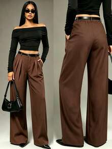Women's Commuter High Waist Pure Pleated Loose Wide Leg Suit Pants - Brown - View 9