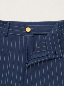 Women's Classic Blue Fine Vertical Striped Wide Leg Pants, Pocket Exquisite Casual Style Office Daily Wear Bottoms - Dark Wash - View 4