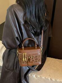 New Vintage Fashion Leopard Print PU Box-Shaped Handbag With Luxurious Gold-Embossed Letters-Women's Shoulder Bag And Wallet - Brown - View 4