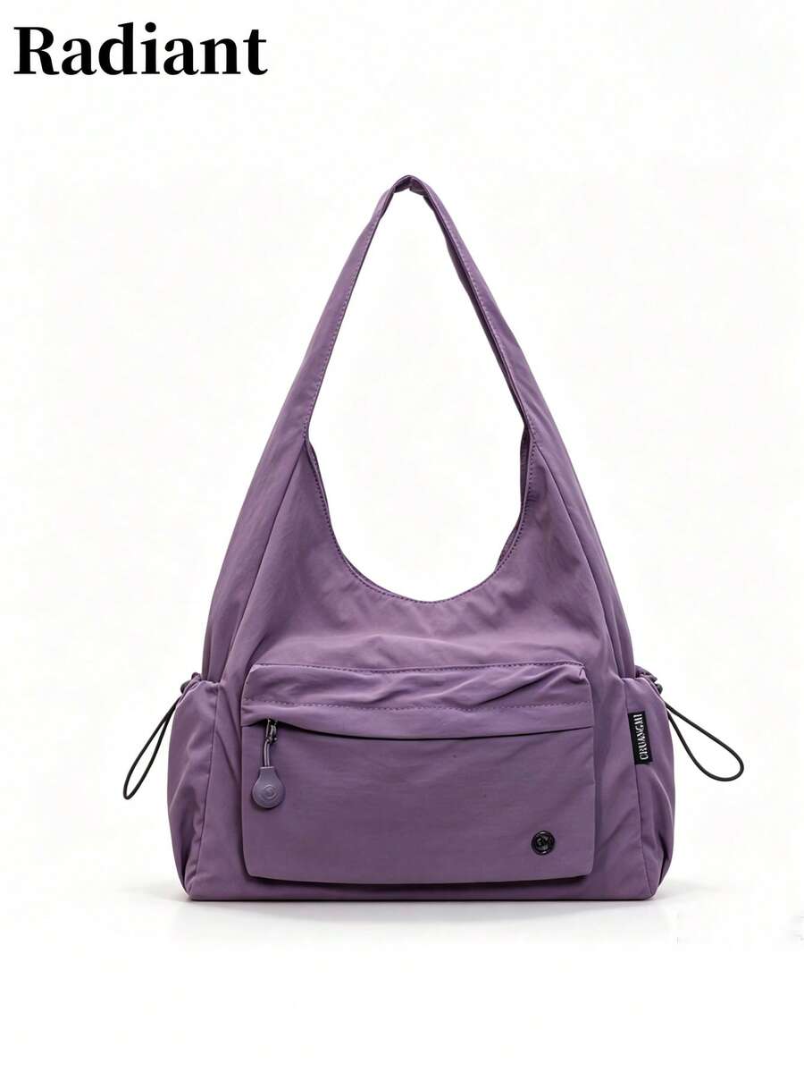 Women's Solid Color Nylon Fabric Drawstring Shoulder Tote Bag, Side Pockets, Zipper Closure, Large Capacity, Casual Style, Suitable For Daily Commute And Travel, All Season - Purple - View 1