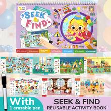 Reusable Search & Find Activity Book, 7 Life Scene Search Games, Includes 1 Erasable Pen Busy Book, Educational Learning Toy, Children's Gift, Halloween, Christmas - Multicolor - View 2