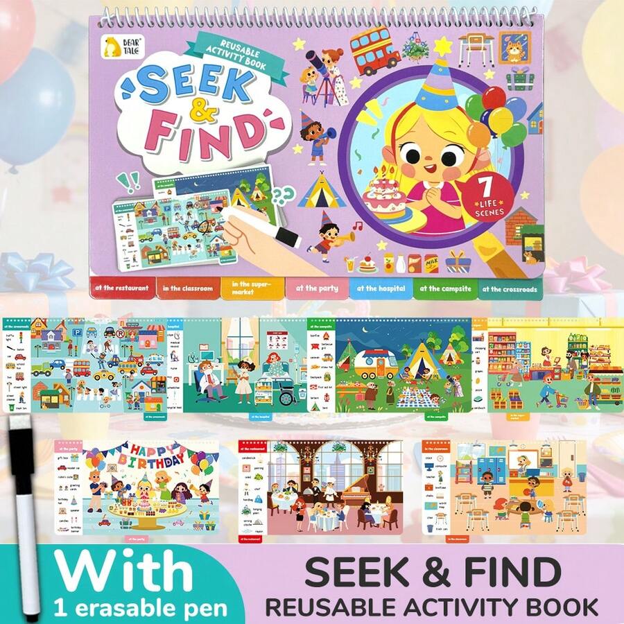 Reusable Search & Find Activity Book, 7 Life Scene Search Games, Includes 1 Erasable Pen Busy Book, Educational Learning Toy, Children's Gift, Halloween, Christmas
